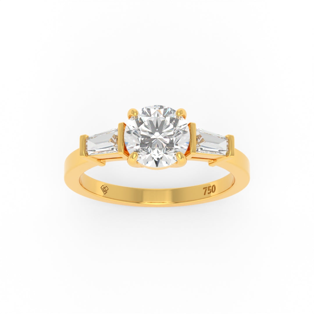 Mary Round Brilliant Cut diamond engagement ring with tapering baguette side diamonds set in 18k gold band
