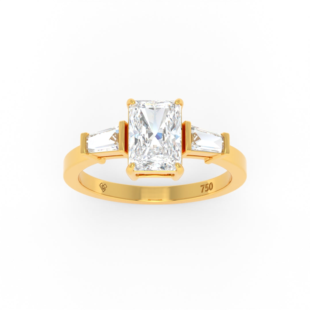 Radiant cut diamond engagement ring with tapering baguette side diamonds set in 18k gold band