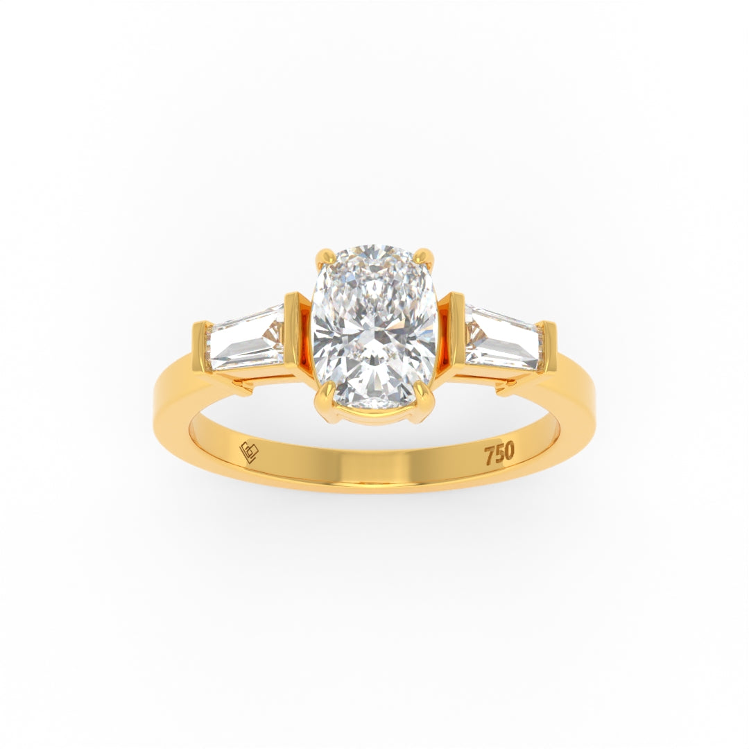 Mary Cushion Cut Diamond engagement ring with tapering baguette cut side diamonds set in 18k gold band