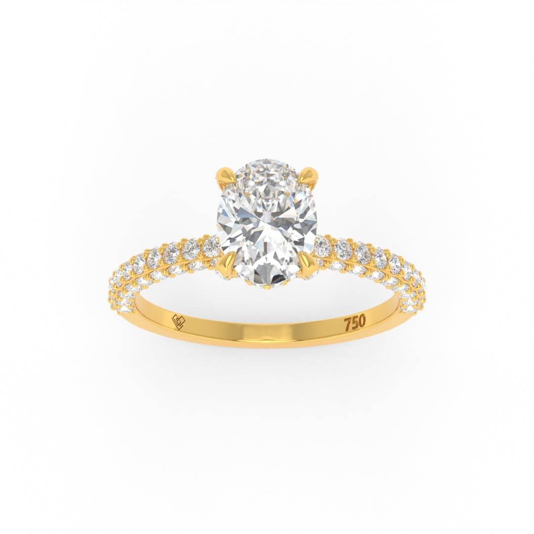 Mia Oval Cut Diamond engagement ring with hidden halo and 3D pave diamond band in 18k gold
