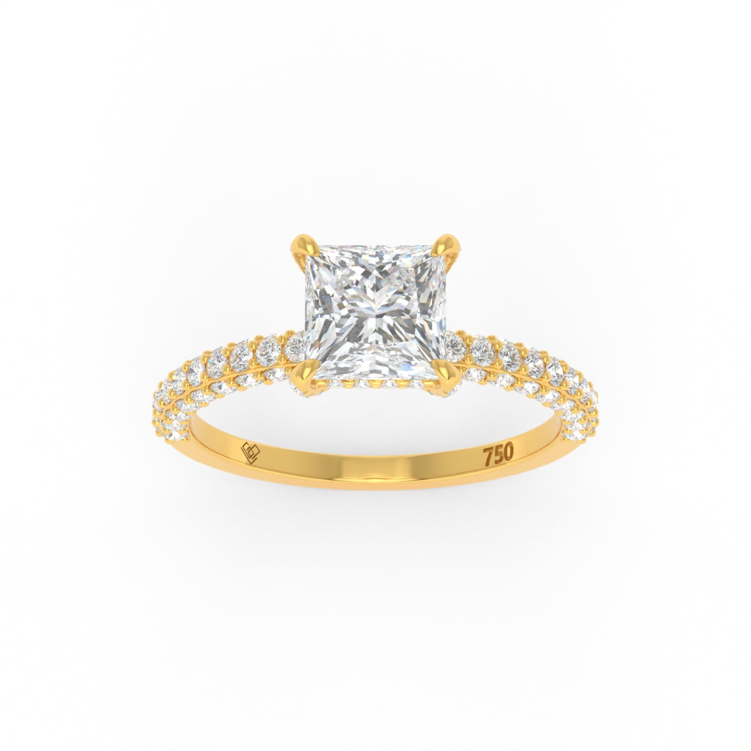 Princess cut lab diamond engagement ring with diamond hidden halo and 3D diamond pave band in 18k yellow gold
