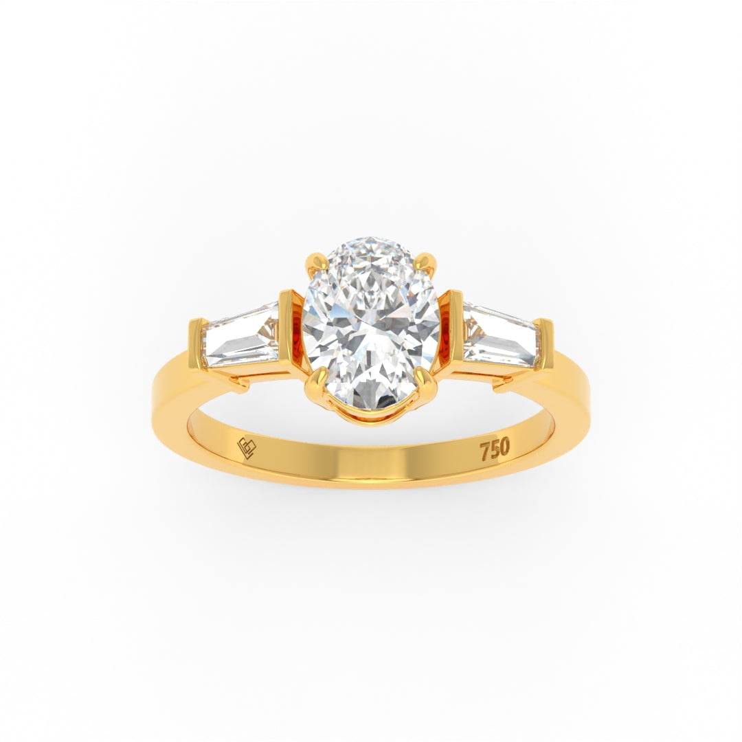 Mary Oval Cut Diamond engagement ring with tapering baguette side diamonds set in 18k gold band