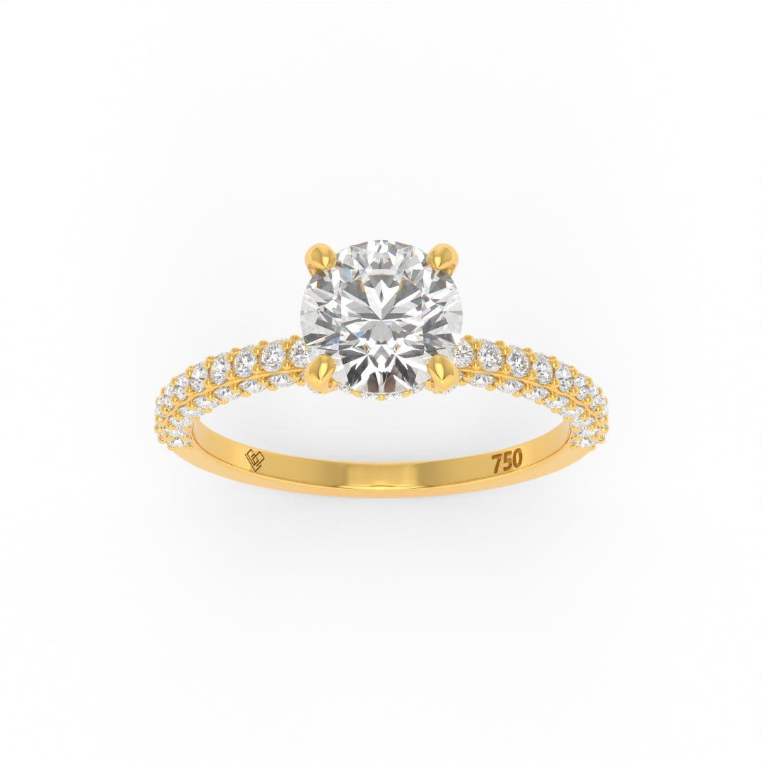 Mia round brilliant cut diamond engagement ring with hidden halo and 3D diamond pave band in 18k gold