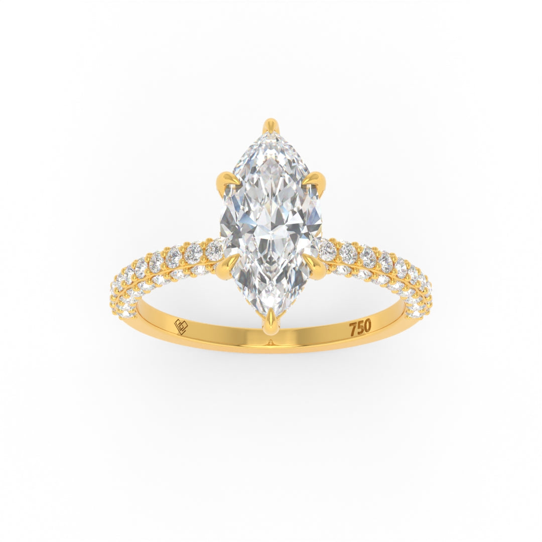 Mia Marquise Cut Diamond engagement ring with hidden halo and 3D diamond pave band in 18k gold