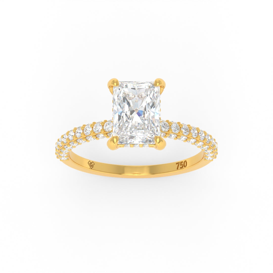 Mia radiant cut diamond engagement ring with hidden halo and 3D pave diamond band in 18k gold