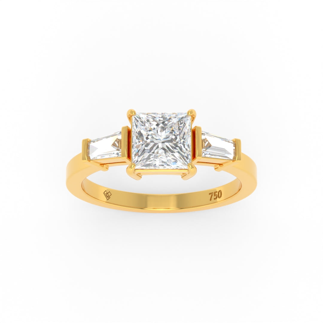 Mary Princess Cut Diamond engagement ring with tapering baguette side diamonds set in gold band