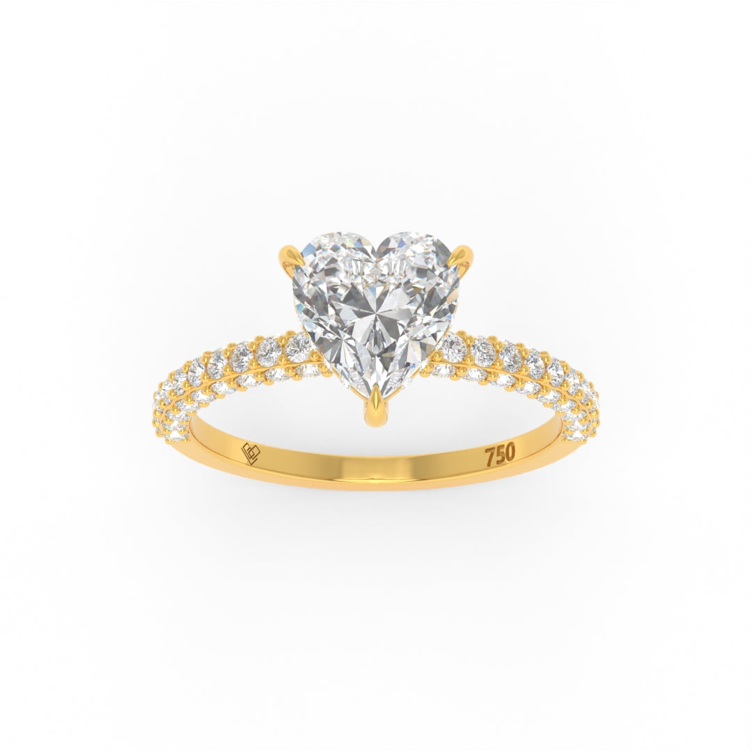 Mia Heart Cut Diamond engagement ring with hidden halo and 3D pave diamond band in 18k gold