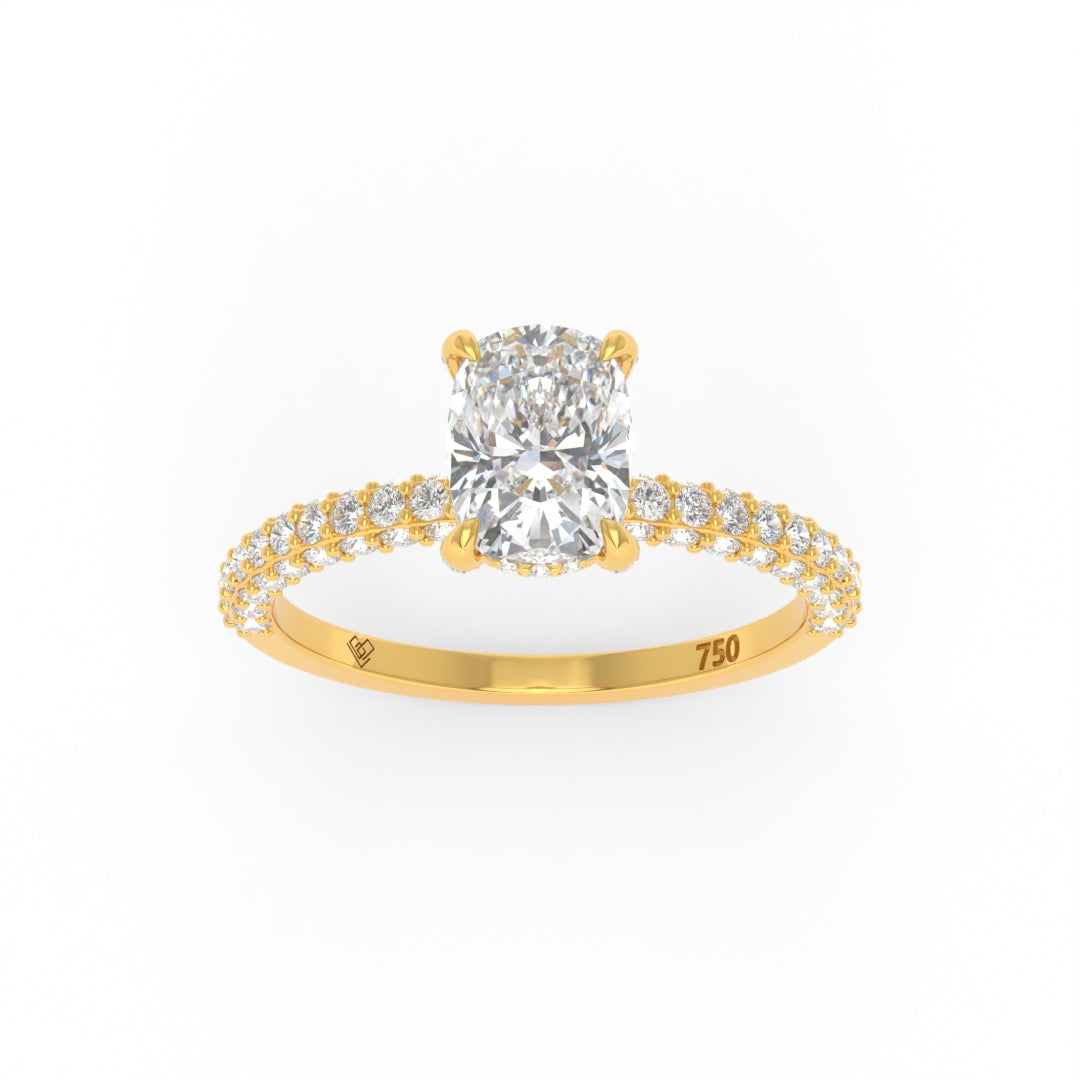Mia Cushion Cut Diamond engagement ring with 3D pave diamond band in 18k gold ring with hidden halo design
