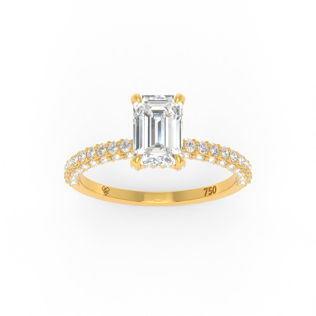 Mia Emerald Cut Diamond engagement ring with hidden diamond halo and 3D pave diamond band in yellow gold