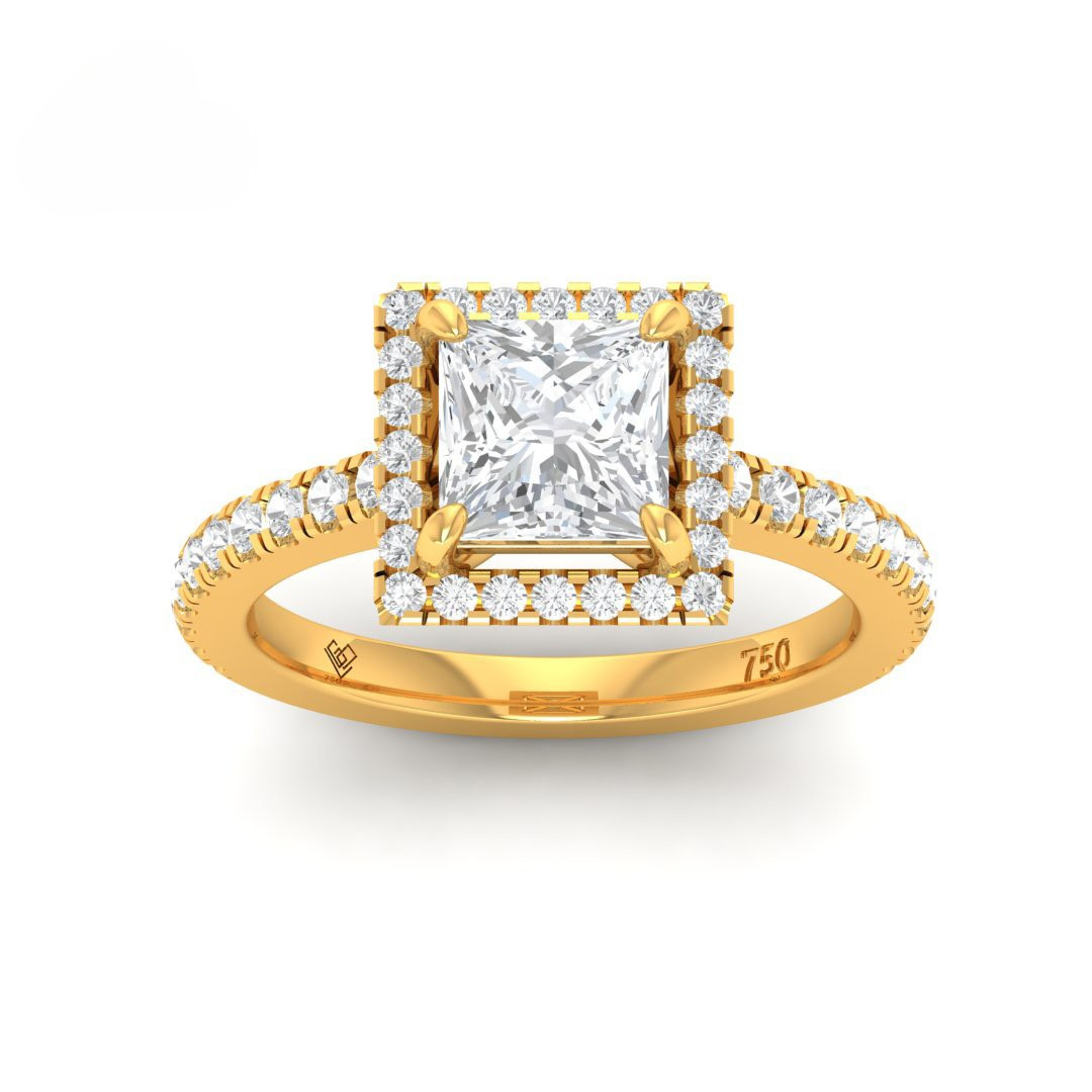 Bella Princess Cut Diamond Engagement Ring with halo and diamond band in 18k gold