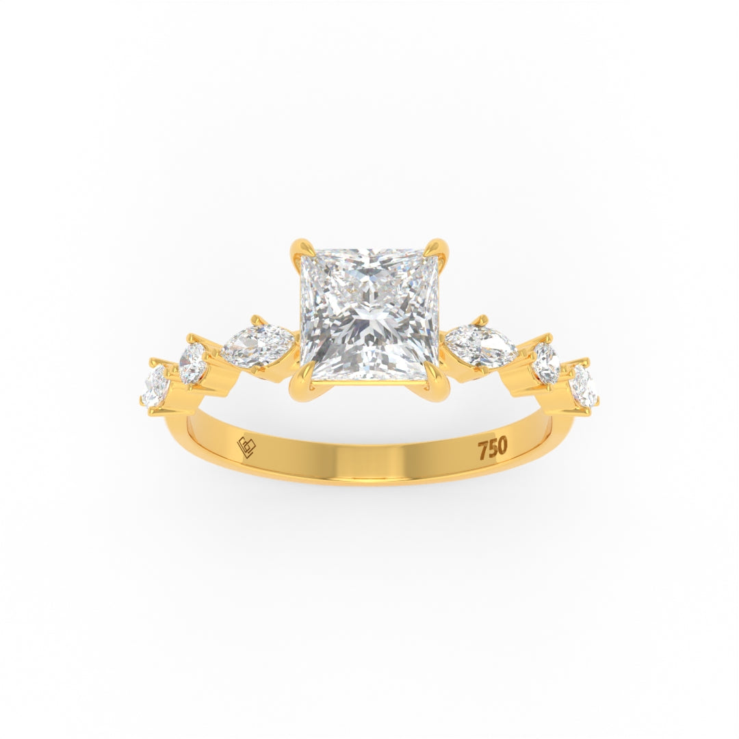 Elizabeth Princess cut diamond engagement ring with marquise and round cut diamonds on 18k gold band