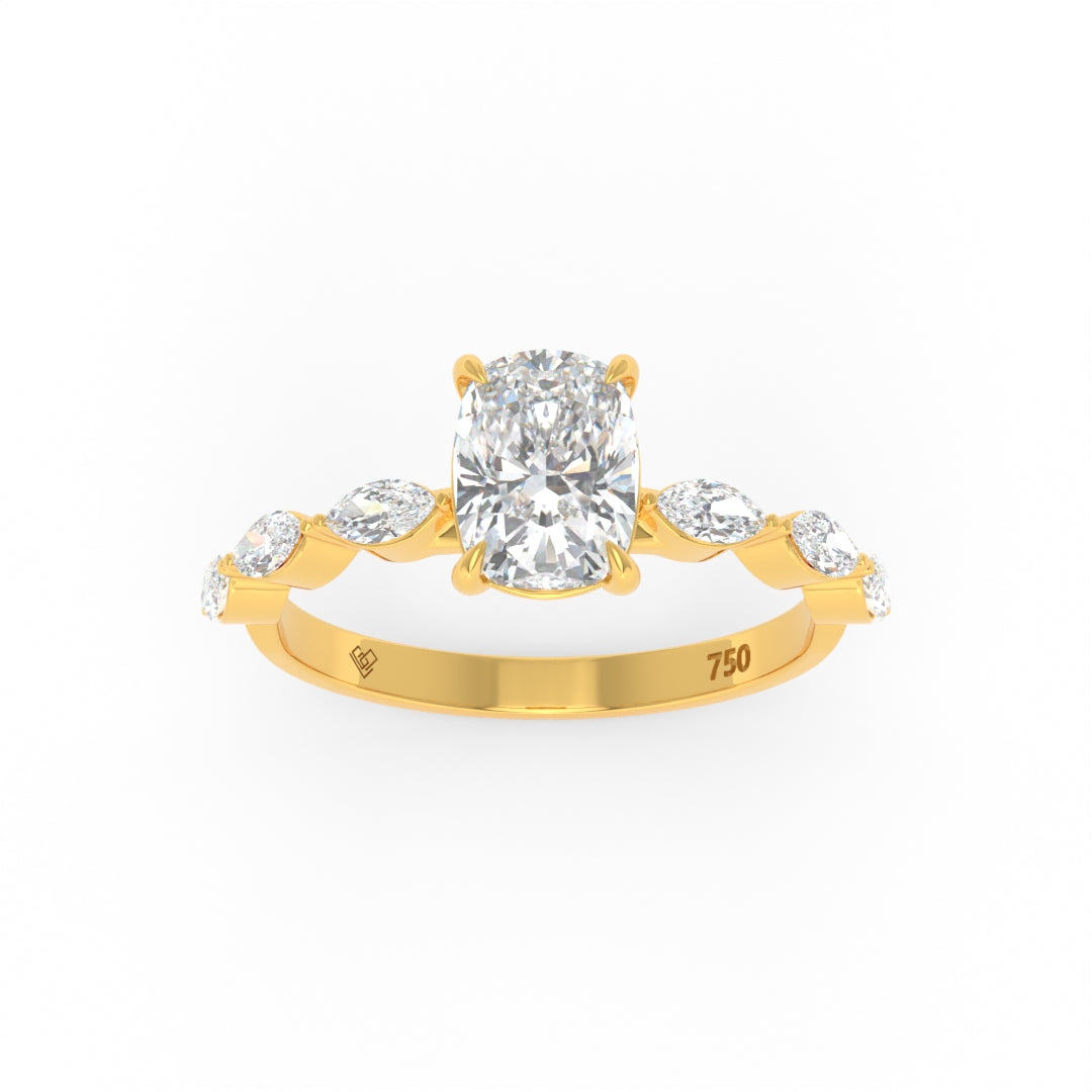 Kasandra Cushion Cut Diamond engagement ring with marquise cut diamond band in 18k gold