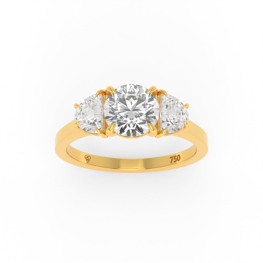 Kamala round brilliant cut diamond engagement ring with half moon side diamonds set in 18k gold band