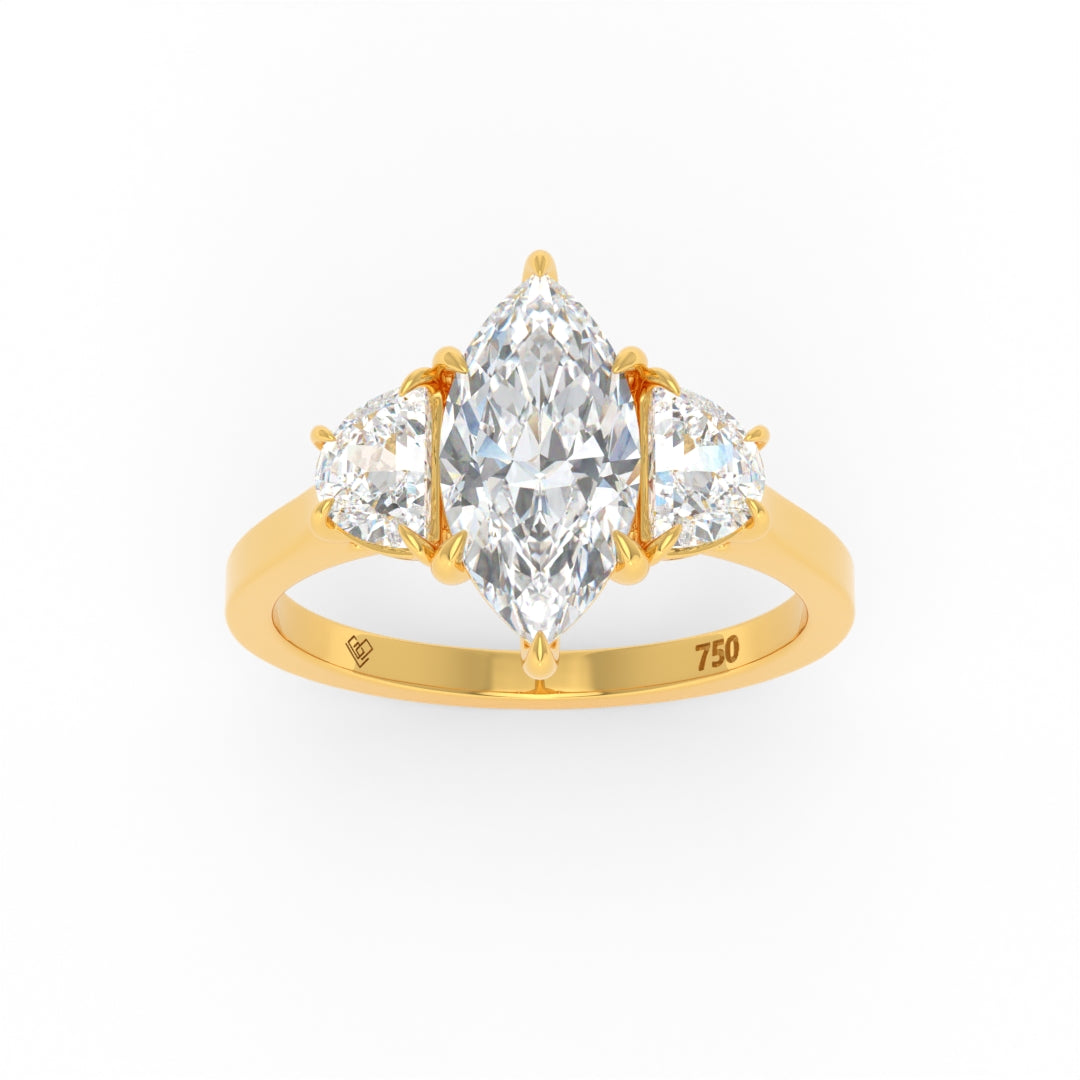 Kamala Marquise cut diamond engagement ring with half moon side diamonds set in 18k gold band