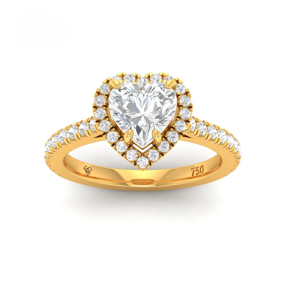 Bella heart cut diamond engagement ring with diamond halo and diamond band in 18k gold setting