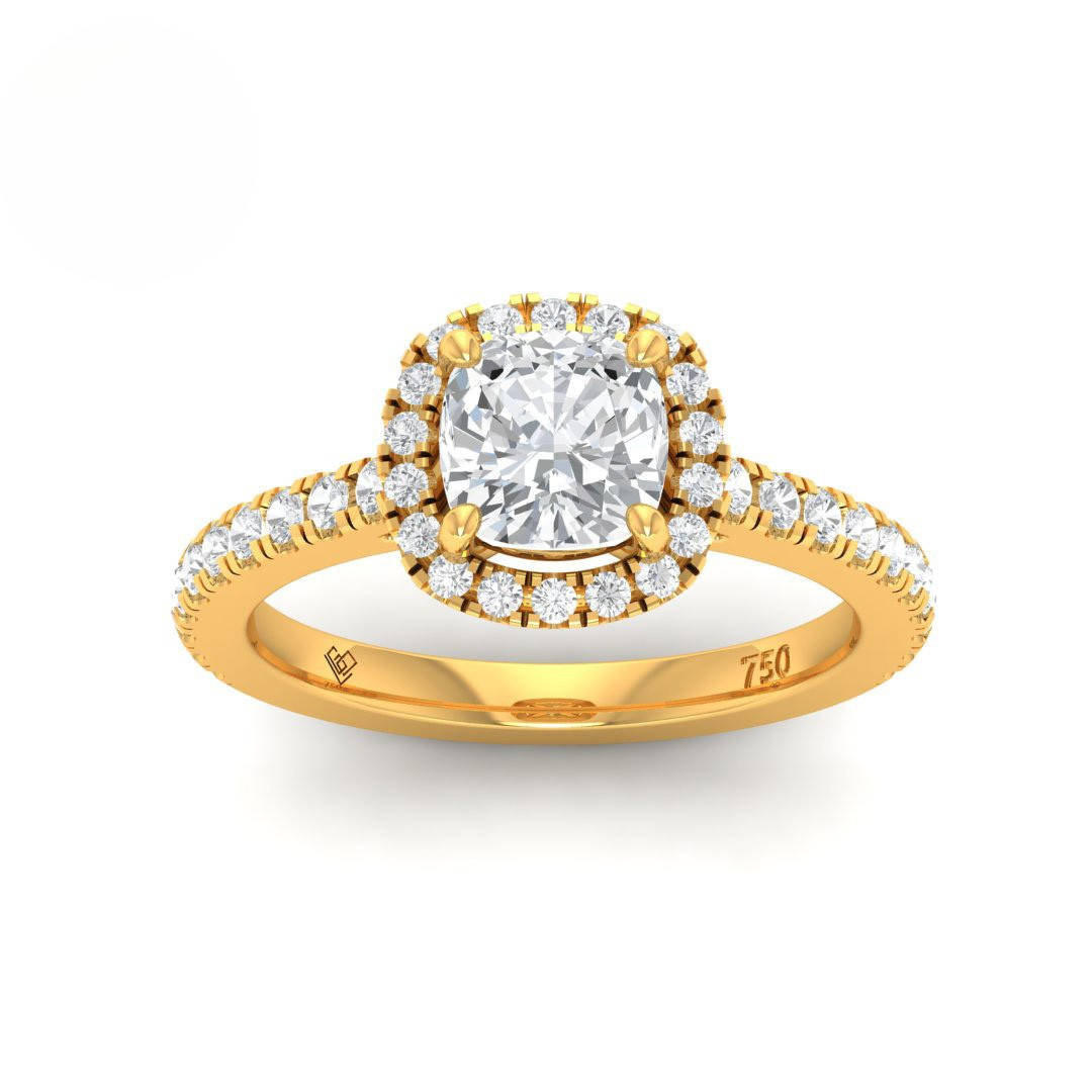 Bella Cushion Cut Diamond engagement ring with halo and diamond band in 18k gold