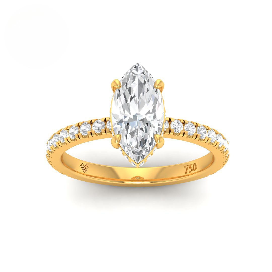 Chloé marquise cut diamond engagement ring with diamond hidden halo and diamond band in 18k gold