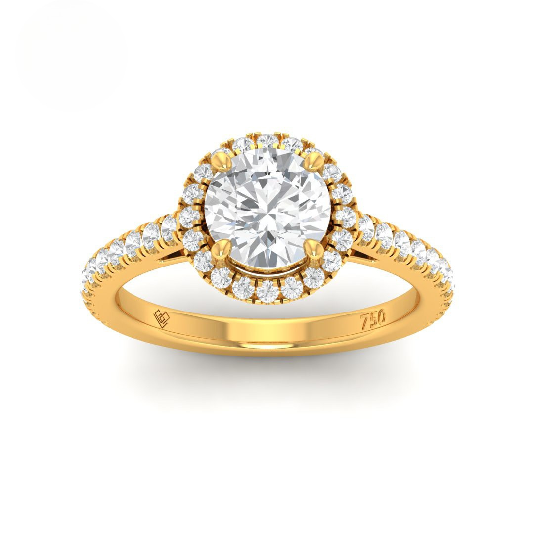 Bella Round Cut Diamond engagement ring with diamond halo and diamond band in 18k gold.