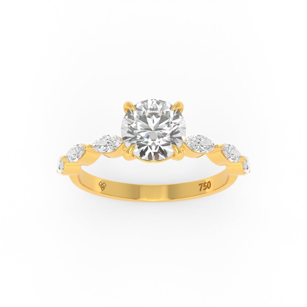 Kasandra round brilliant cut diamond engagement ring with marquise cut diamond band in 18k gold