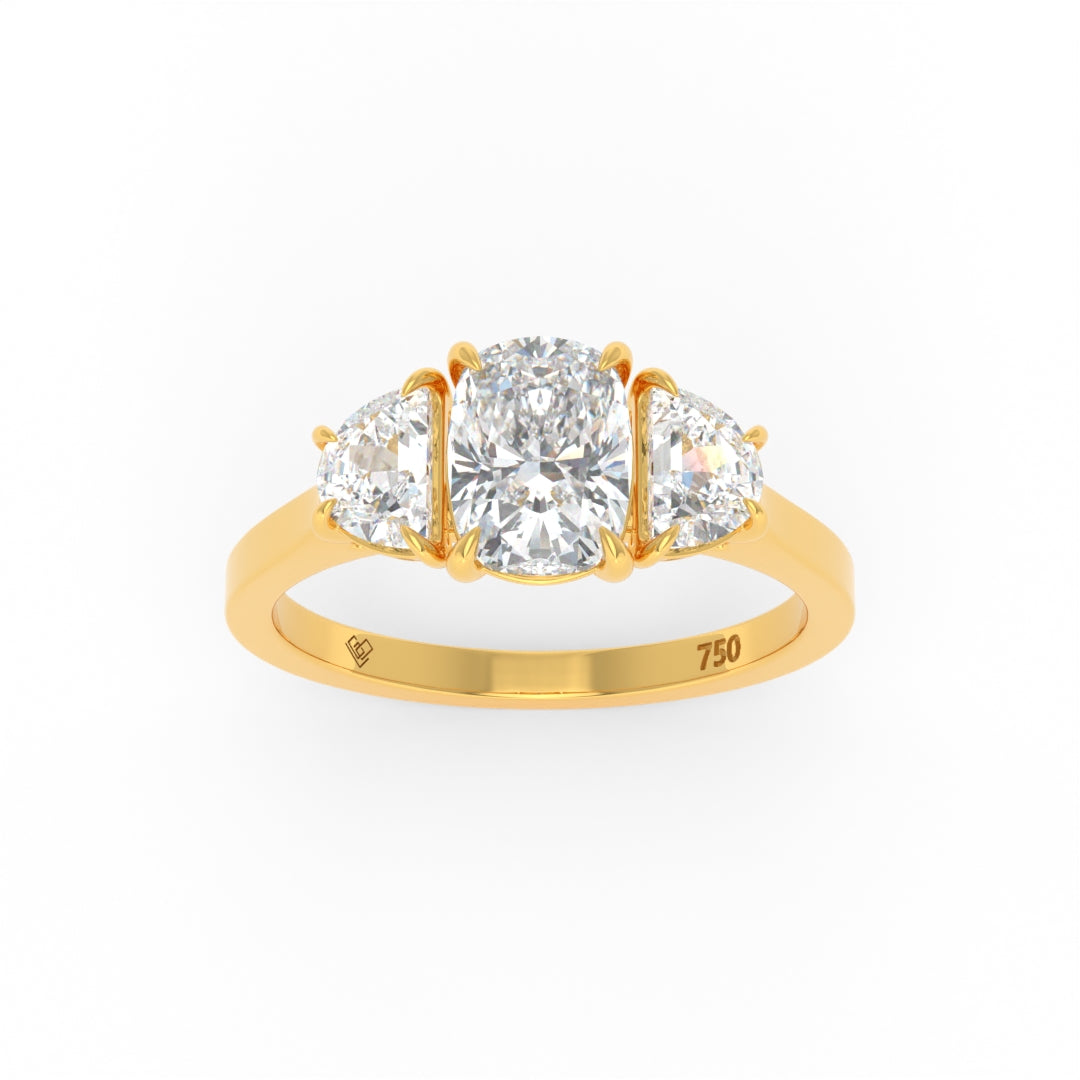 Kamala Cushion Cut Diamond engagement ring with half moon cut side diamonds set in 18k gold band