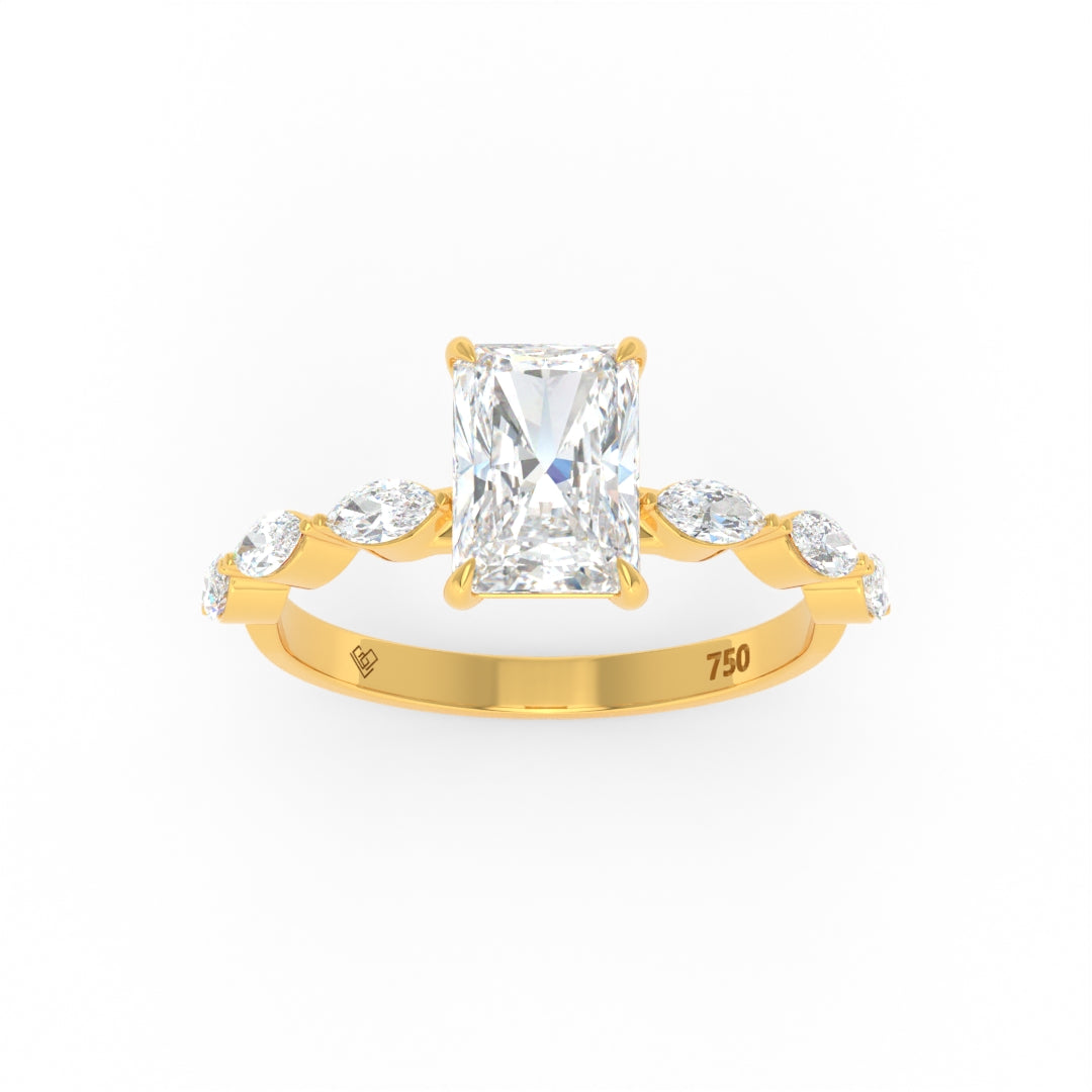 Kasandra Radiant Cut Diamond engagement ring with marquise cut diamond band in 18k gold
