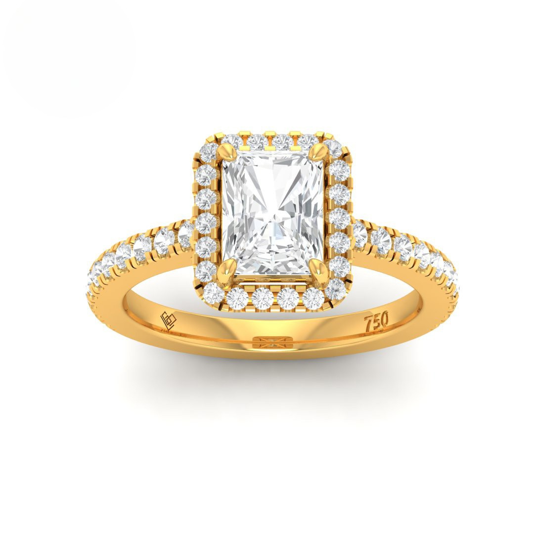 Bella Radiant Cut Diamond Engagement Ring with diamond halo and diamond band in 18k gold with lab-grown diamonds totaling 0.50ct