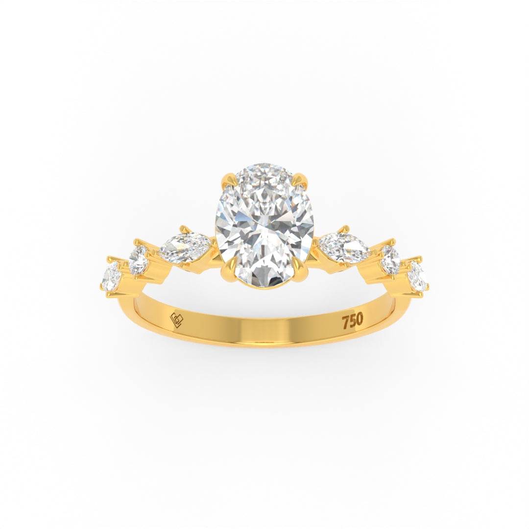 Elizabeth Oval Cut Diamond engagement ring with marquise and round cut diamonds on an 18k gold band