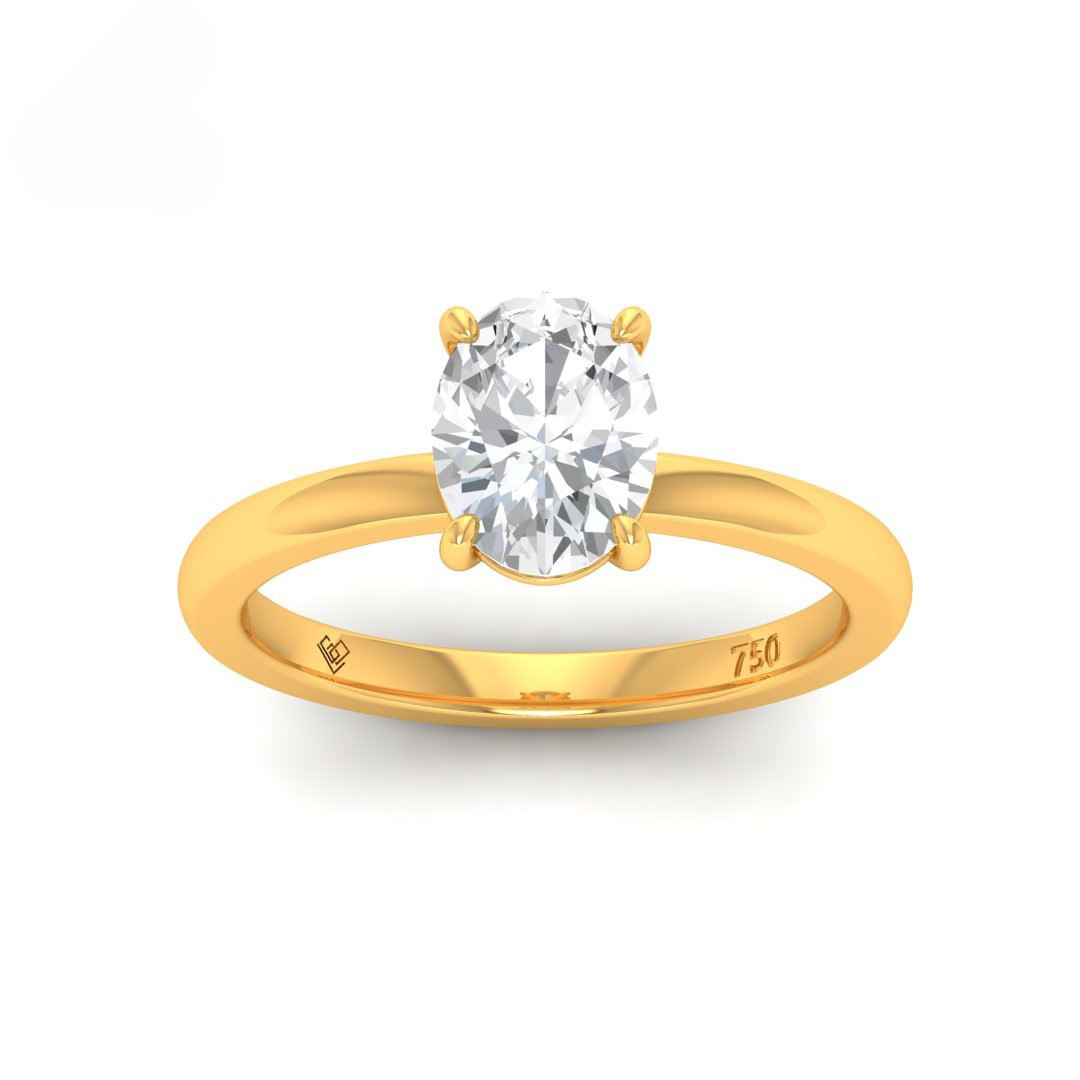 Oval cut diamond solitaire engagement ring with 4 claw yellow gold band