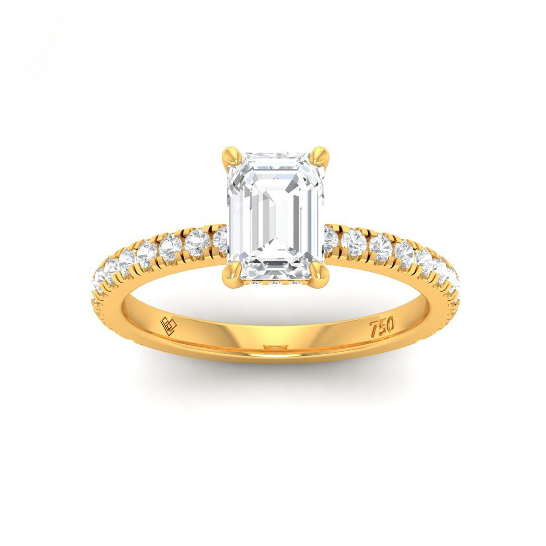 Chloé Emerald Cut Diamond engagement ring with diamond hidden halo and diamond band in 18k gold