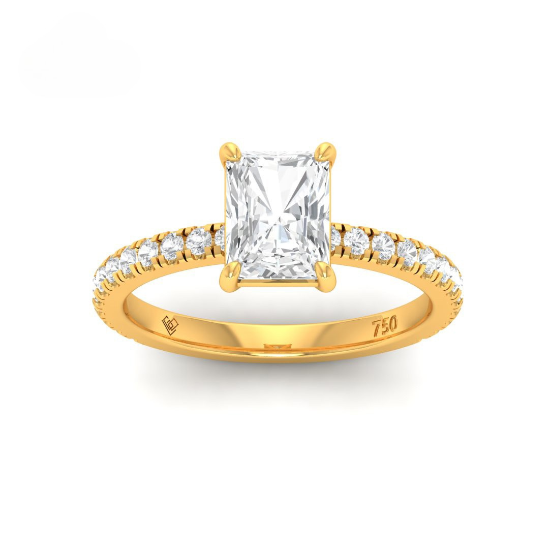 Abigail radiant cut diamond engagement ring with yellow gold band and diamond accents
