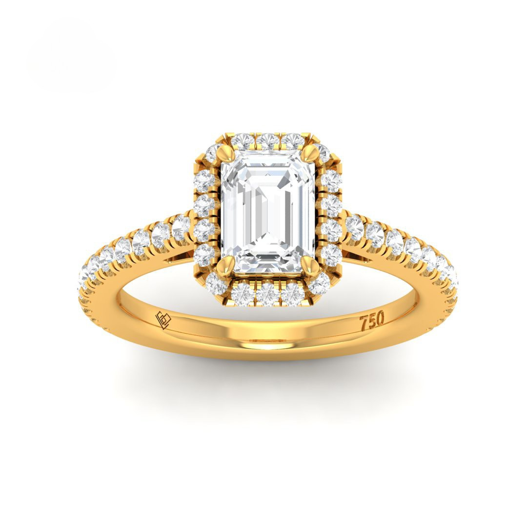 Bella emerald cut diamond engagement ring with diamond halo and diamond band in 18k gold