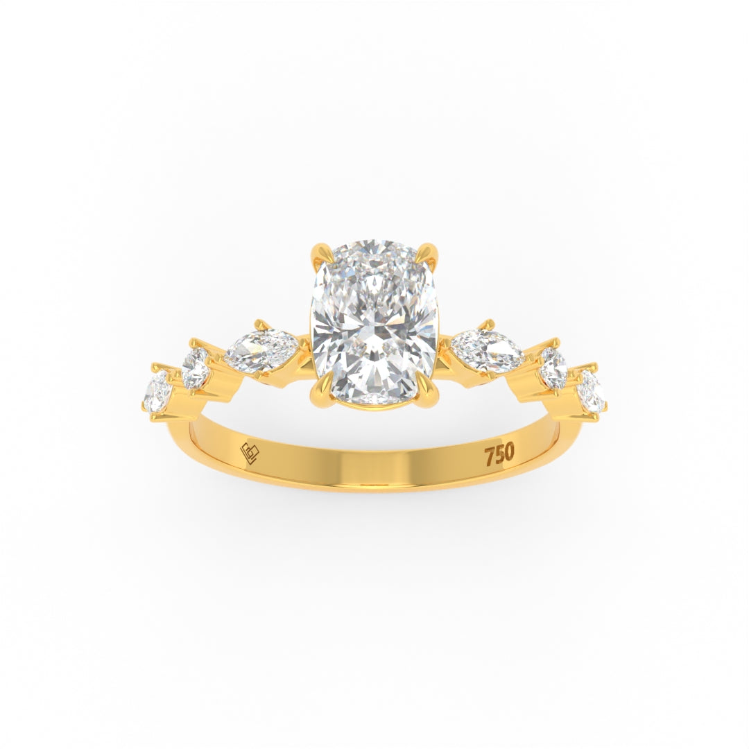 Elizabeth Cushion Diamond engagement ring with marquise and round cut diamond band in 18k gold