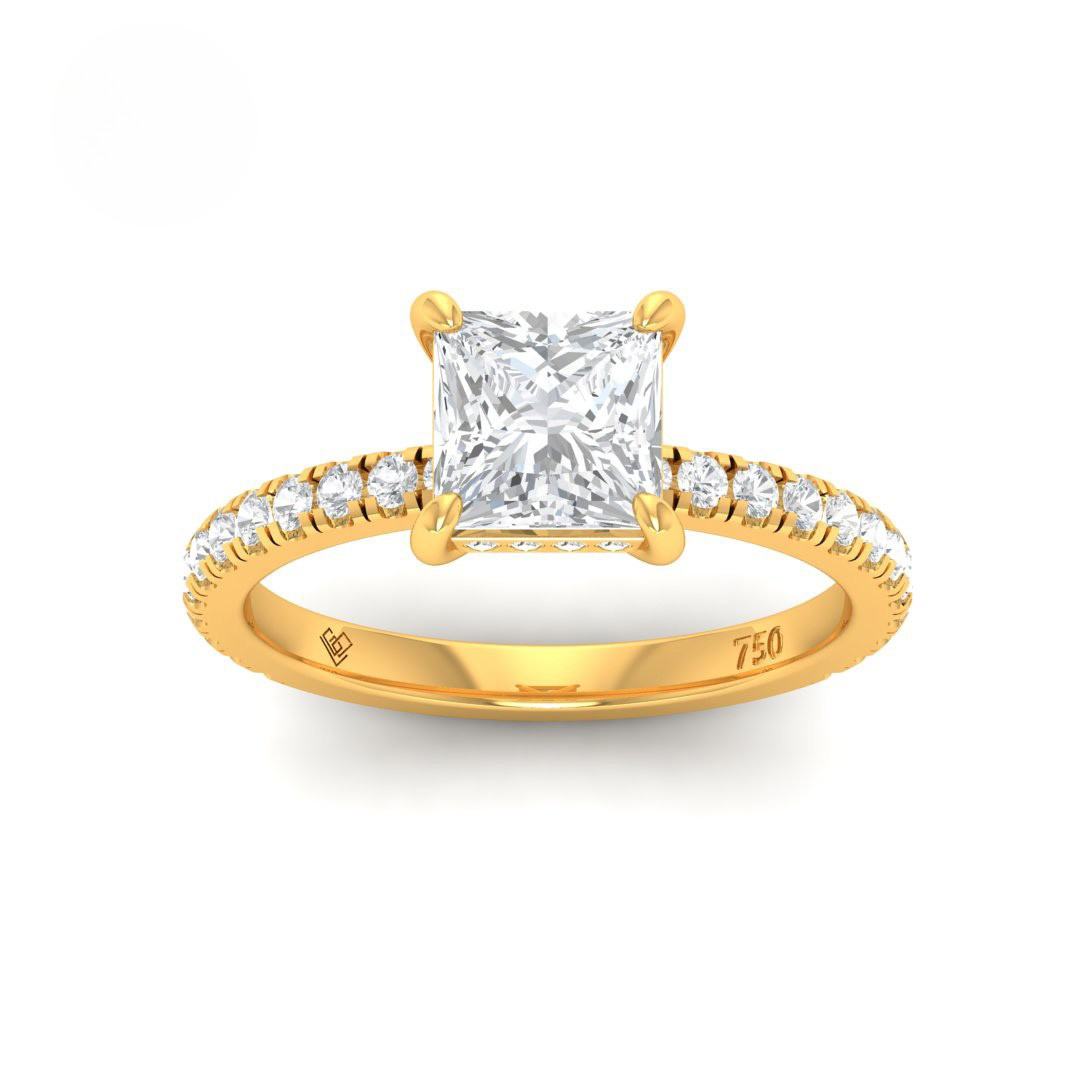 Chloé Princess Cut Diamond engagement ring with hidden diamond halo and diamond band in 18k gold