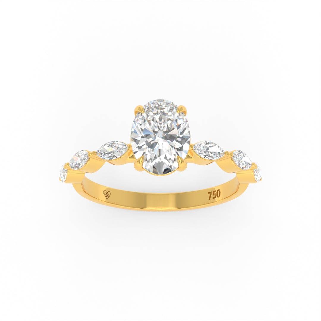 Kasandra Oval Cut Diamond engagement ring with marquise cut diamond band in 18k gold
