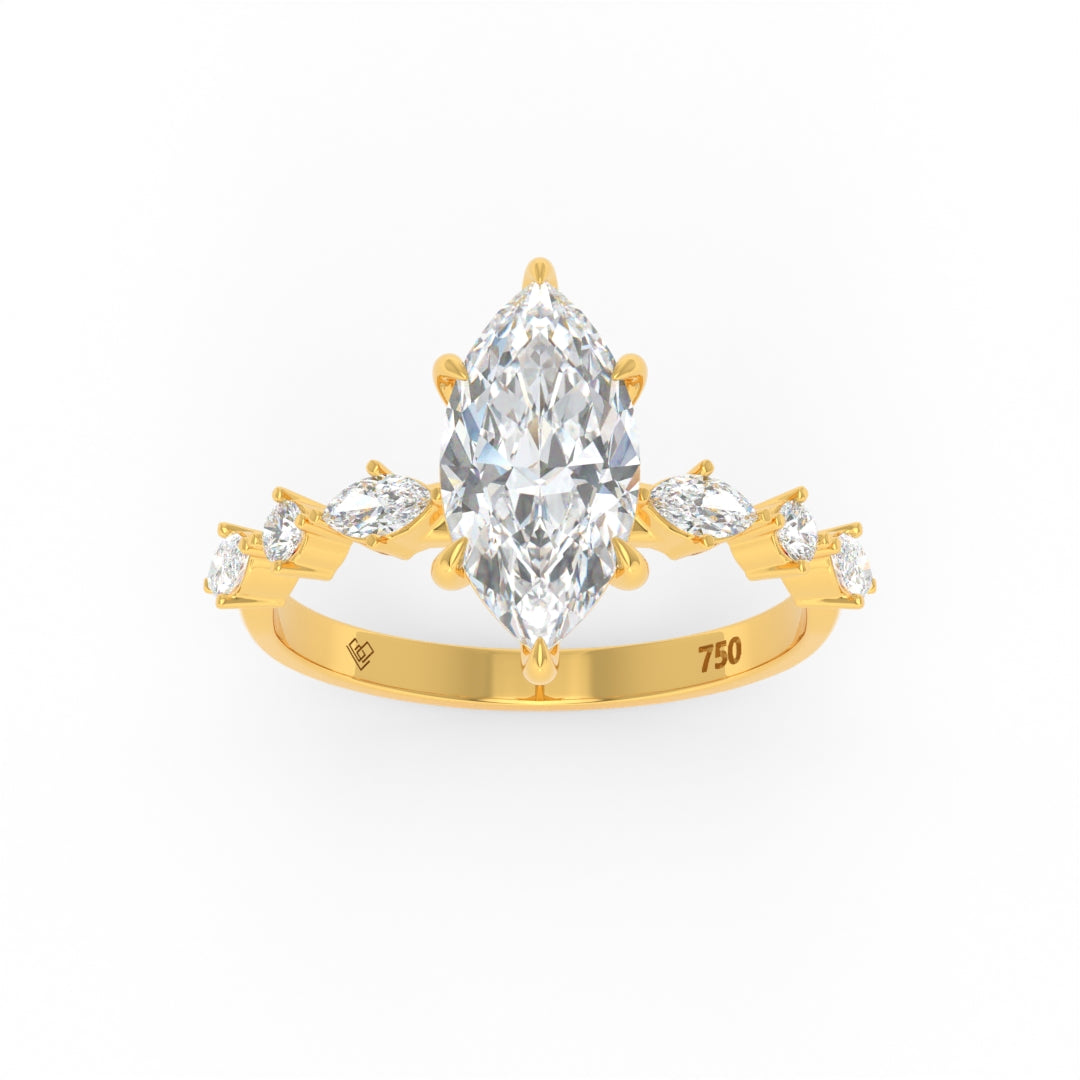 Elizabeth Marquise Cut Diamond engagement ring with marquise and round cut diamonds on a gold band
