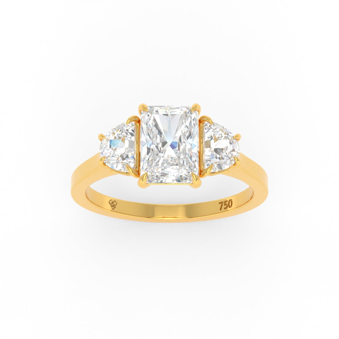 Kamala radiant cut diamond engagement ring with half moon side diamonds set in 18k gold band