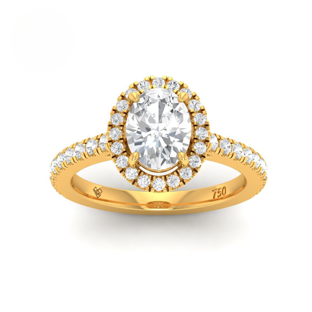 Bella Oval Cut Diamond engagement ring with diamond halo and diamond band in 18k gold