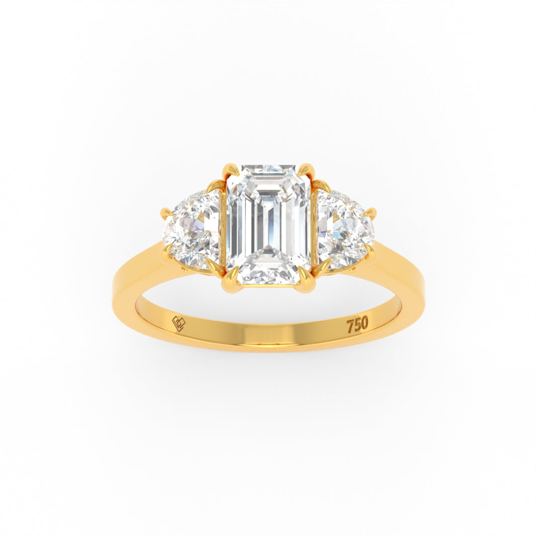 Kamala Emerald Cut diamond engagement ring with half moon cut side diamonds set in 18k gold band