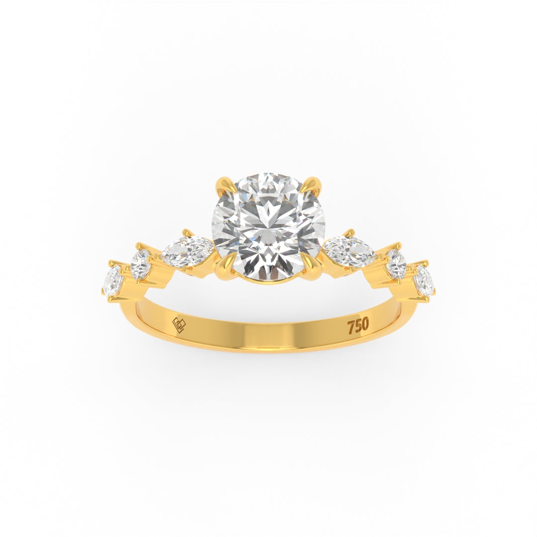 Elizabeth round brilliant cut diamond engagement ring with marquise and round cut diamonds on 18k gold band