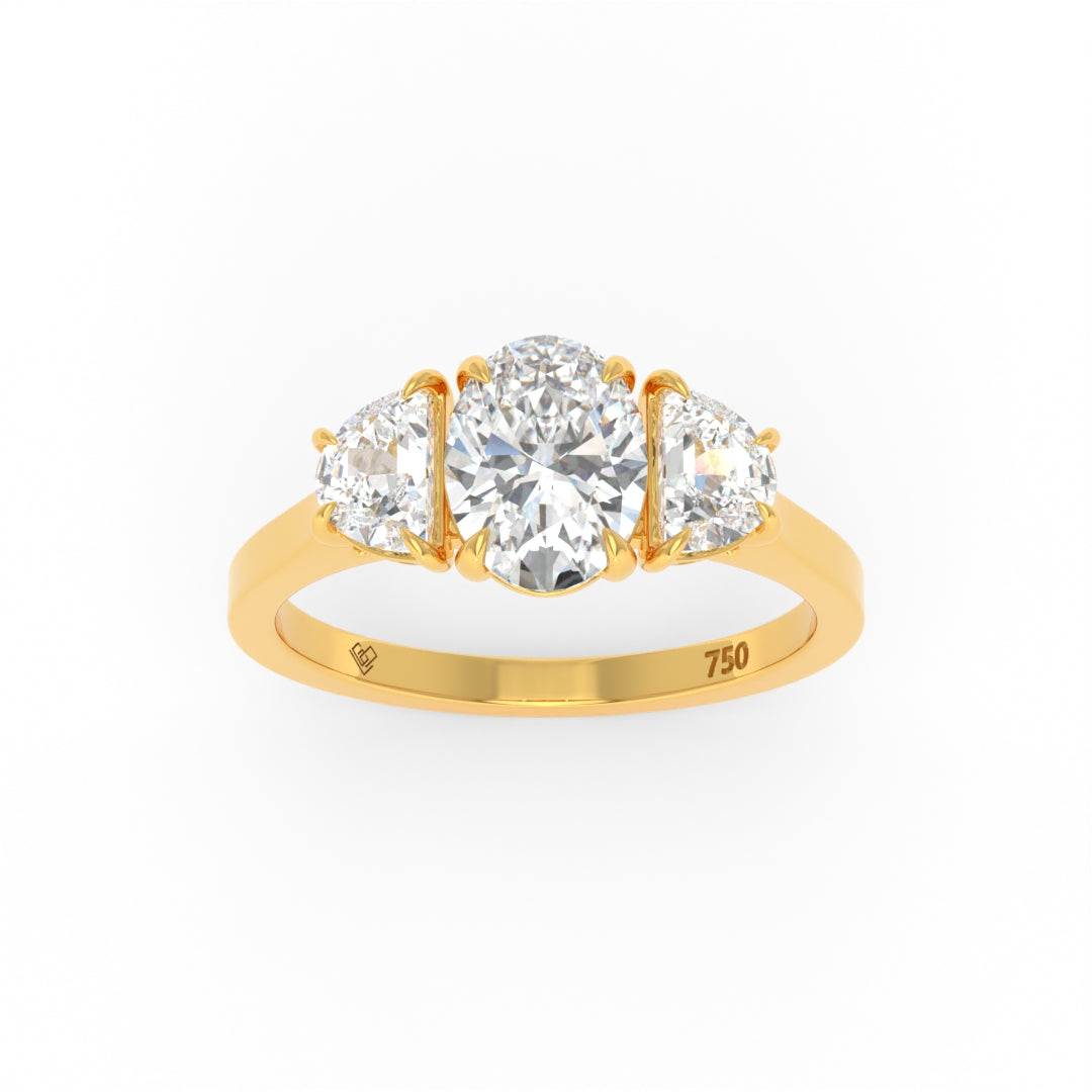 Kamala Oval Cut Diamond engagement ring with half moon cut side diamonds set in 18k gold band