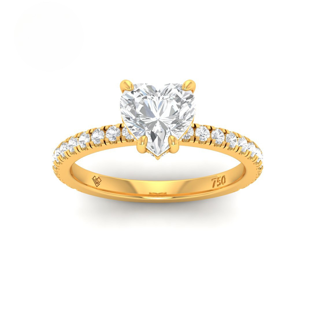 Chloé Heart Cut Diamond engagement ring with diamond hidden halo and diamond band in 18k gold