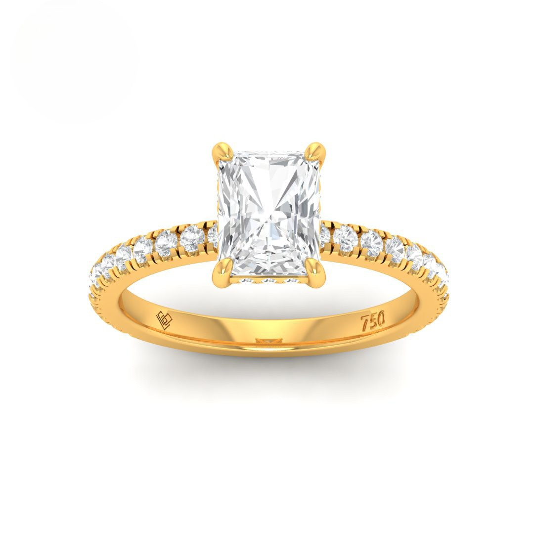 Chloé Radiant Cut Diamond engagement ring with hidden halo and diamond band in 18k gold.