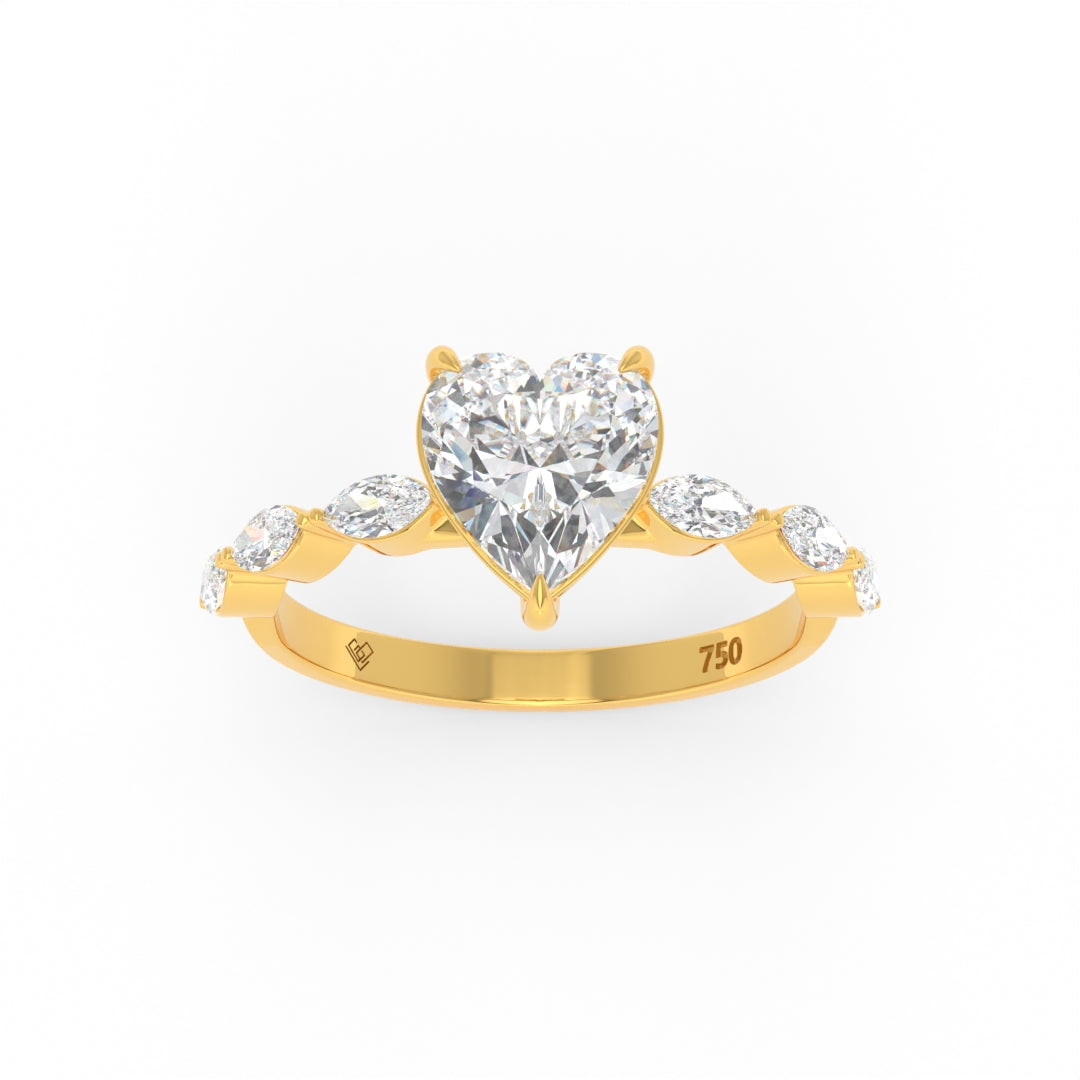 Kasandra Heart Cut Diamond engagement ring with marquise cut diamond band in 18k gold