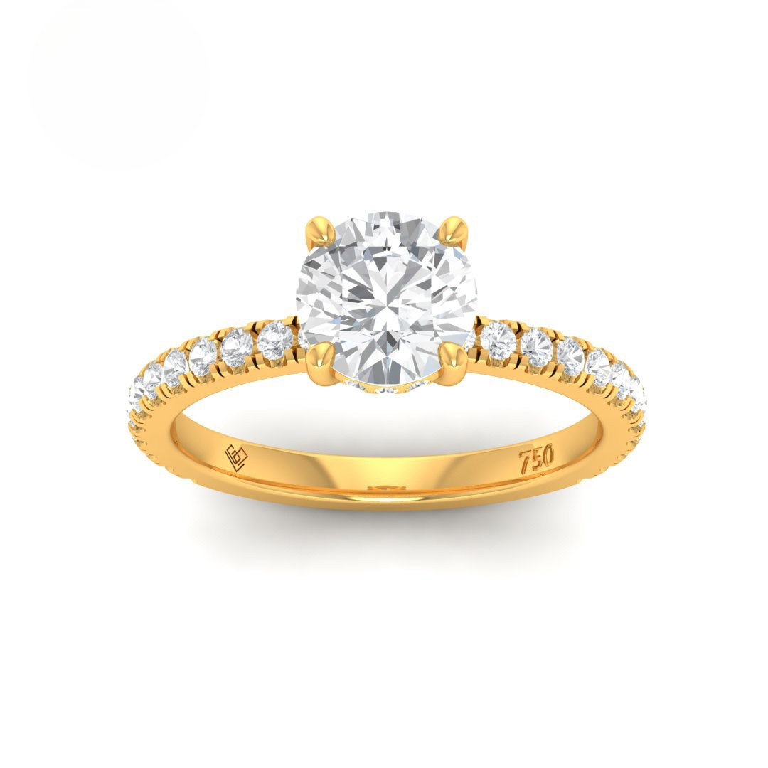 Chloé Round Cut Diamond Engagement Ring with hidden halo and diamond band in 18k gold setting