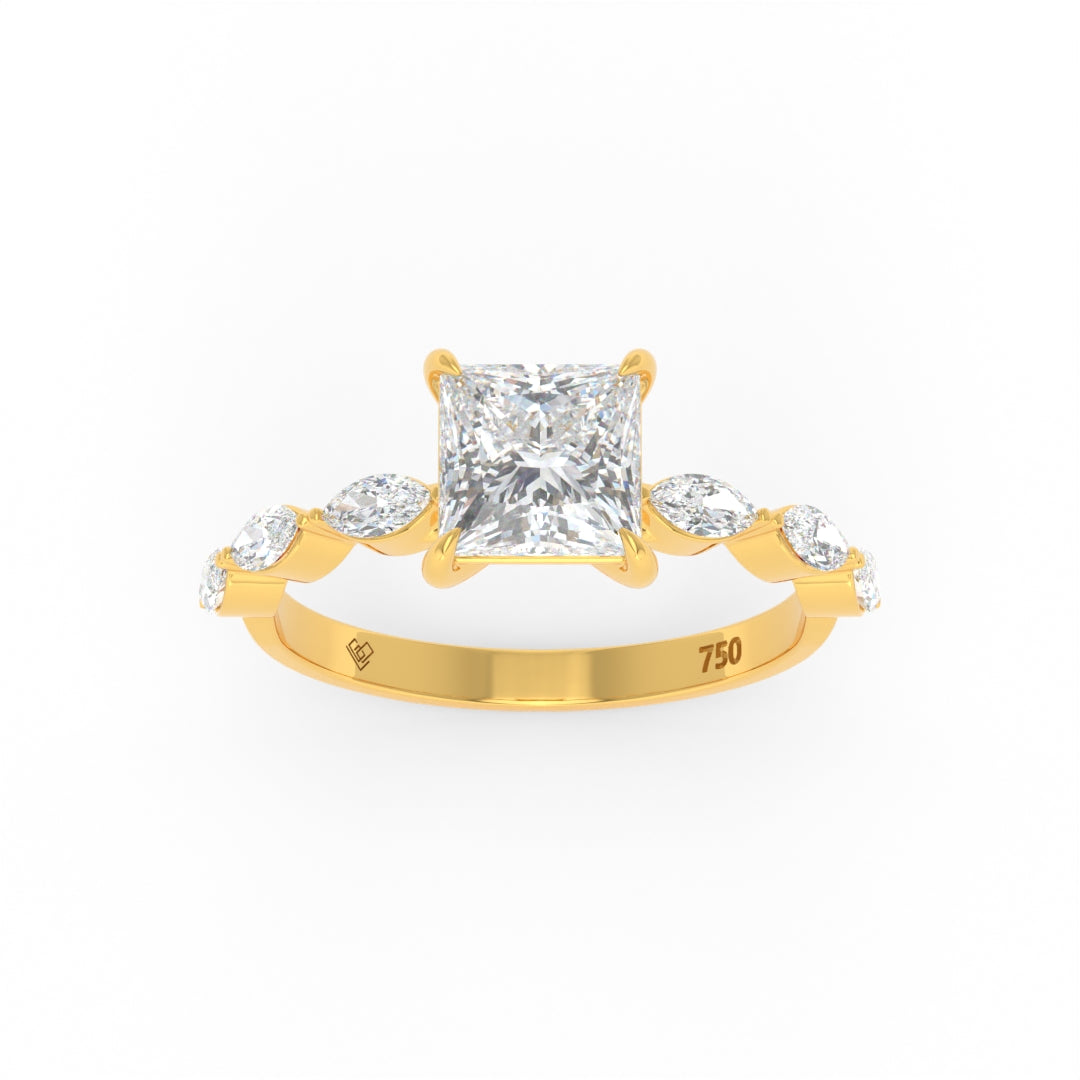 Kasandra Princess Cut Diamond Engagement Ring with marquise cut diamond band in 18k yellow gold