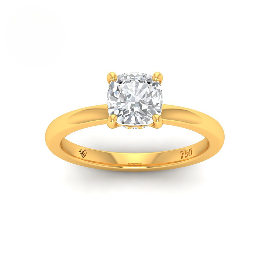 Léa cushion cut diamond engagement ring in 18k yellow gold with hidden halo and four claw setting