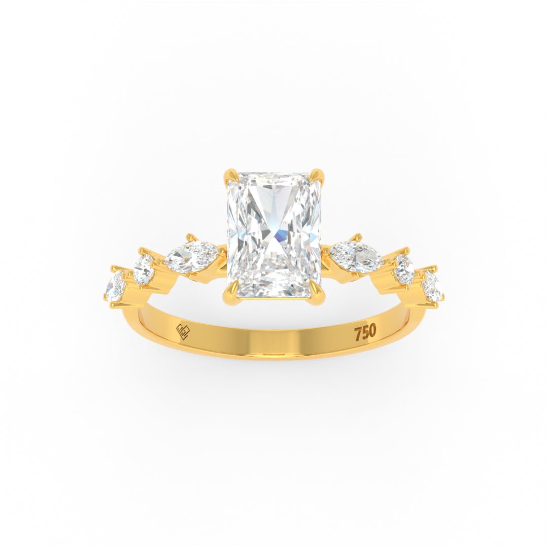 Elizabeth Radiant cut diamond engagement ring with marquise and round cut diamond band in 18k gold