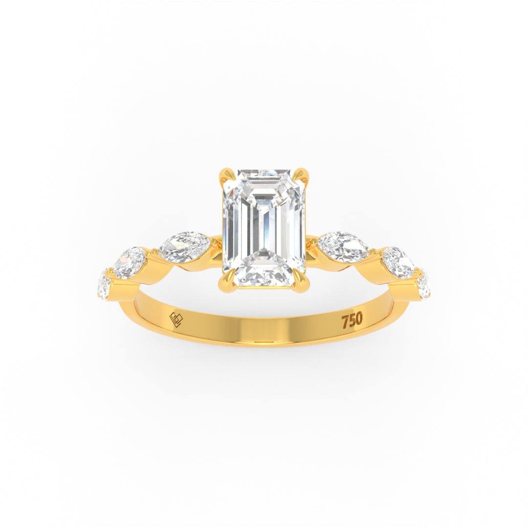 Kasandra emerald cut diamond engagement ring with marquise cut diamond band in 18k gold
