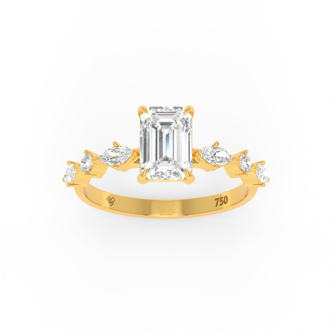 Elizabeth emerald cut diamond engagement ring with marquise and round cut diamond band in 18k gold
