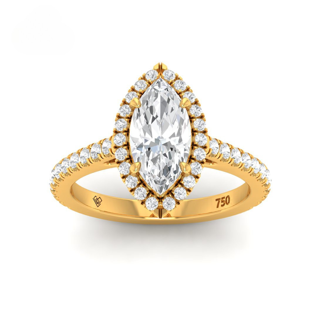 Bella Marquise Cut Diamond engagement ring with diamond halo and diamond band in 18k gold